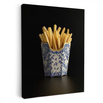 Canvas schilderij - Friet - Porselein - Delfts blauw - Eten