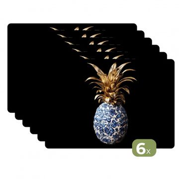 Placemat vinyl - Ananas - Bloemen patroon - Goud - Delftsblauw