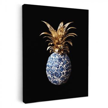 Canvas schilderij - Ananas - Bloemen patroon - Goud - Delftsblauw